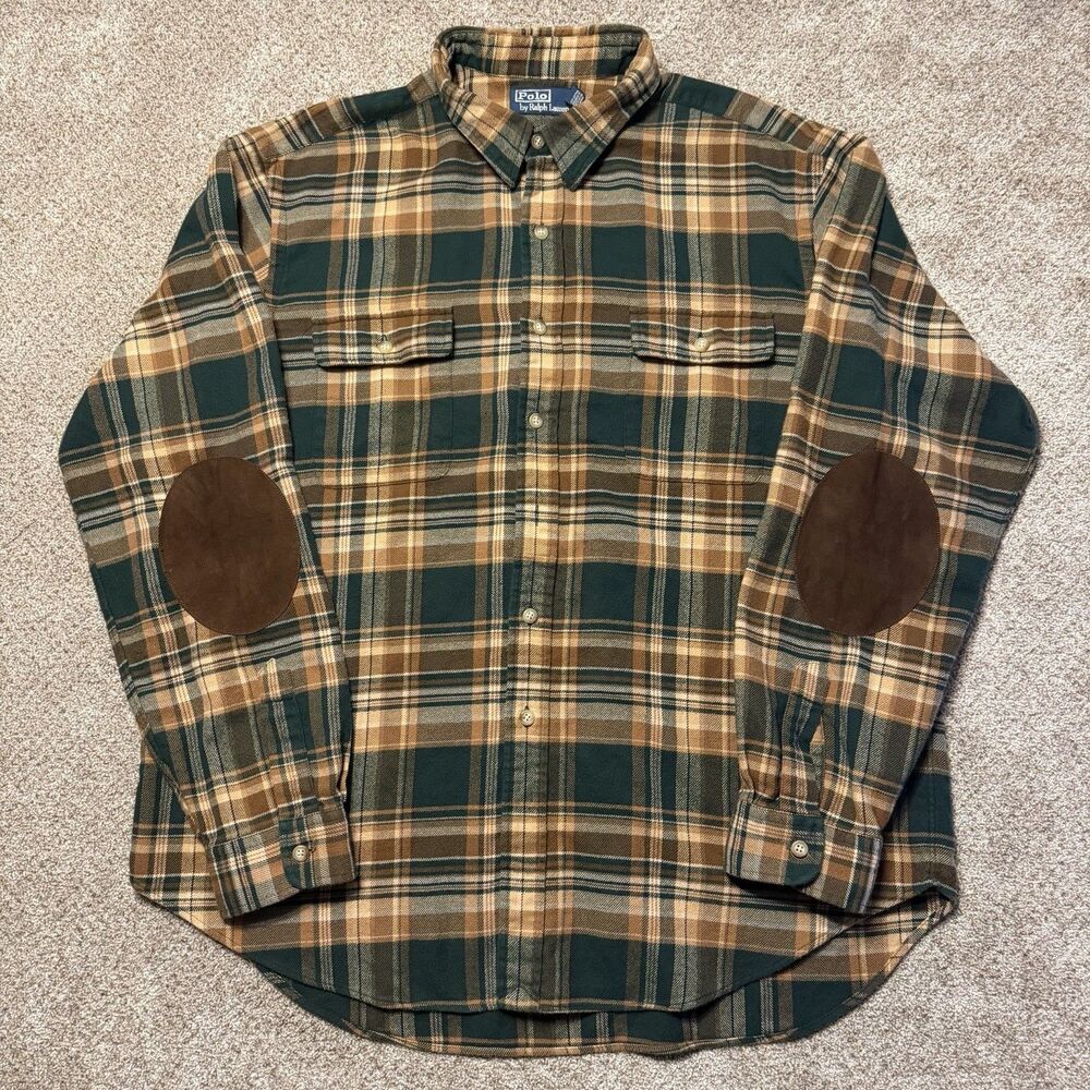 Vintage 90s Polo Ralph Lauren Elbow Patch Green Plaid Flannel Work Shirt XXL